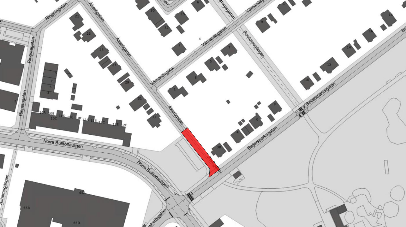 Karta visar arbetsområdet på Åkerögatan.