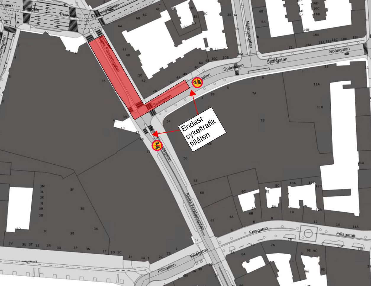 Karta visar arbetsområdet på Södra Förstadsgatan mellan Förerningsgatan och Spångatan. 