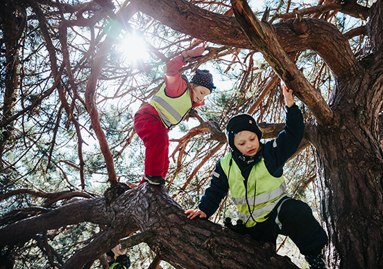 Emmie-Lill och Charlie klättrar i träd medan maten plockas bort och eftermiddagens aktivitet förbereds.