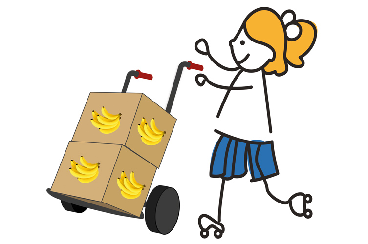 Illustration, flicka med truck med lådor med banan-tryck på.