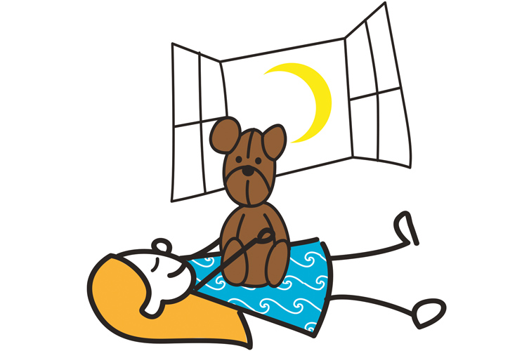 Illustration föreställer barn i säng med nalle på magen, ett öppet fönster med halvmåne.