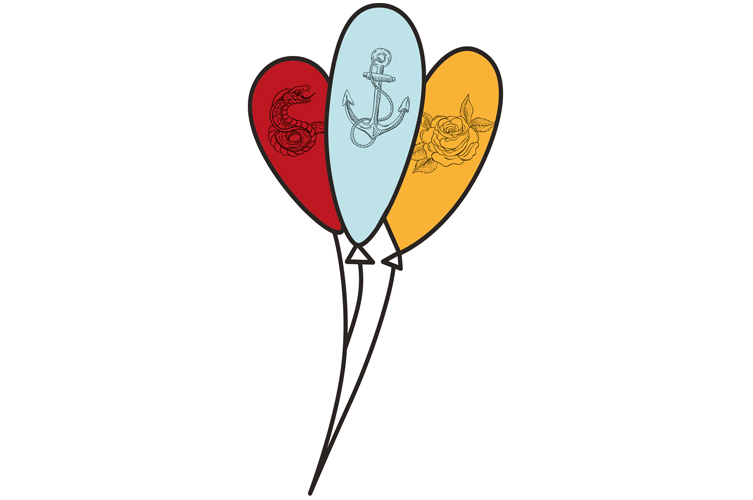 Illustration med tre ballonger i olika färger. 