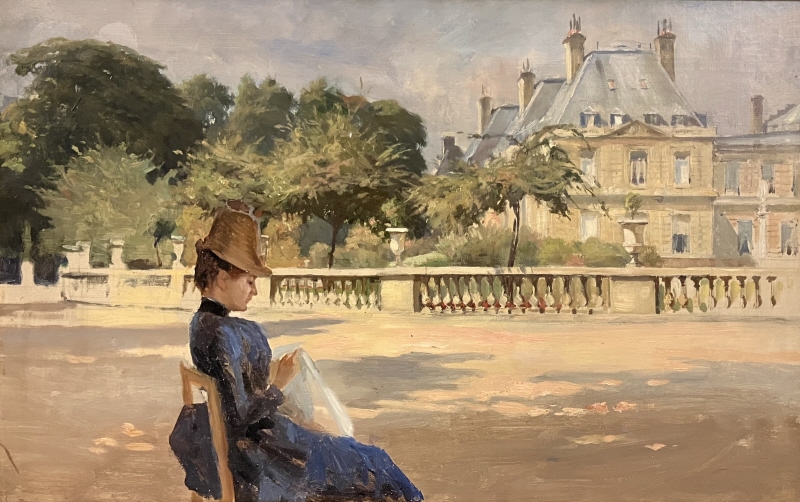Bild på konstverk av Albert Edelfelt, föreställande en kvinna i en trädgård i Paris, 1886.