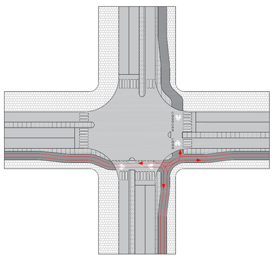 Ritning över utformning av signalreglerad korsning där två dubbelriktade cykelbanor möts.