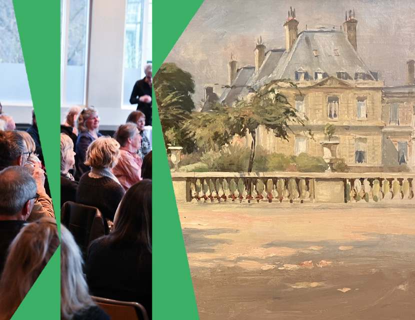 Kollage av bild från publik samt en del av Albert Edelfelt verk Luxembourg-trädgården i Paris från 1886.