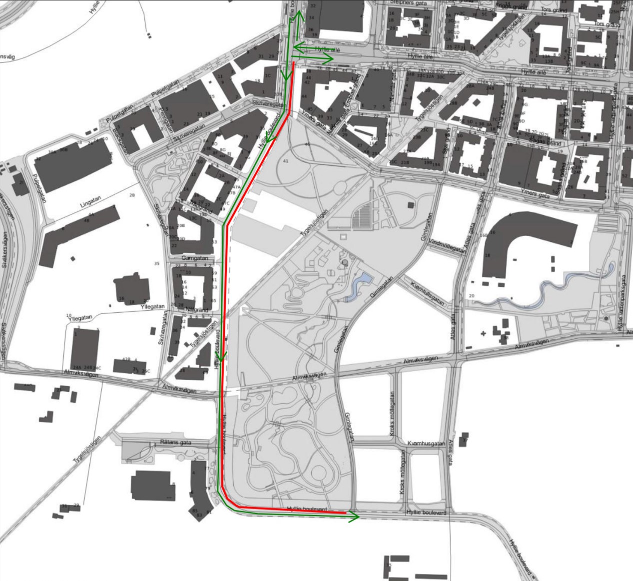 Bilden visar en karta där Hyllie Boulevard är avstängd norrgående riktning mellan Hyllie Allé och Gimlegatan. Trafik är endast tillåten i södergående riktning från Hyllie Allé till Atles gata.