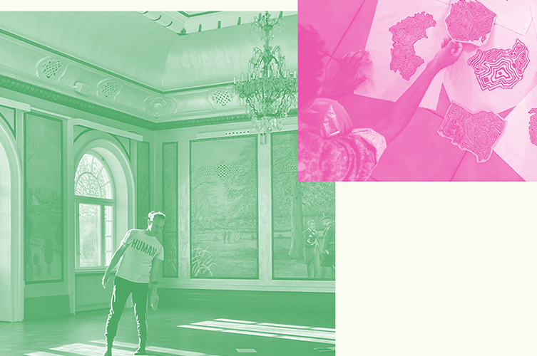 Montage av två verk som visas i utställningen.