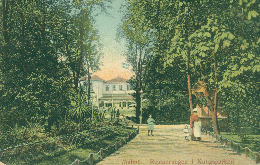  Kolorerat vykort från Kungsparken med trädgårdsgång som leder till restaurangen som syns i bakgrunden mellan träden.