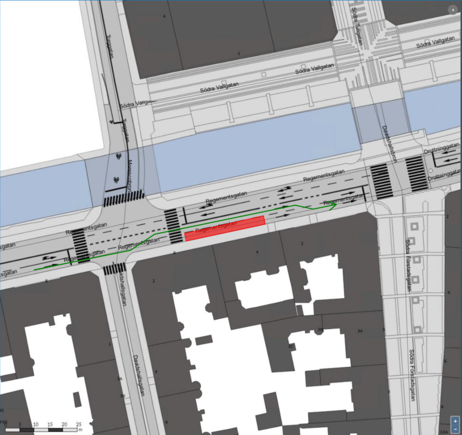 Bilden visar en karta där ett körfält är avstängt på Regementsgatan mellan Davidhallsgatan och Södra Förstadsgatan men trafiken kan passera avstängningen.