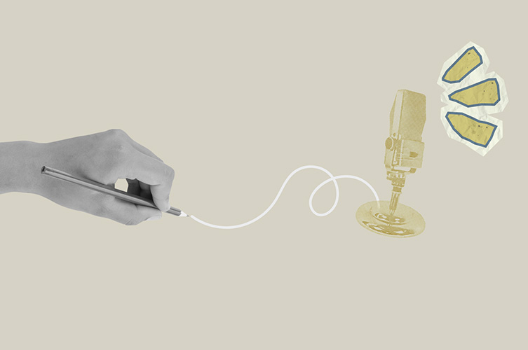 Hand med penna och en linjen från pennan till en mikrofon.