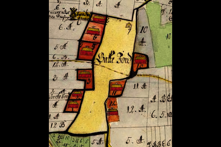 Äldre karta ritad från ovan.