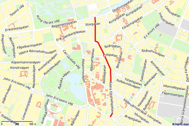 Utdrag ur stadskarta. Södra Förstadsgatan utmärkt i rött.