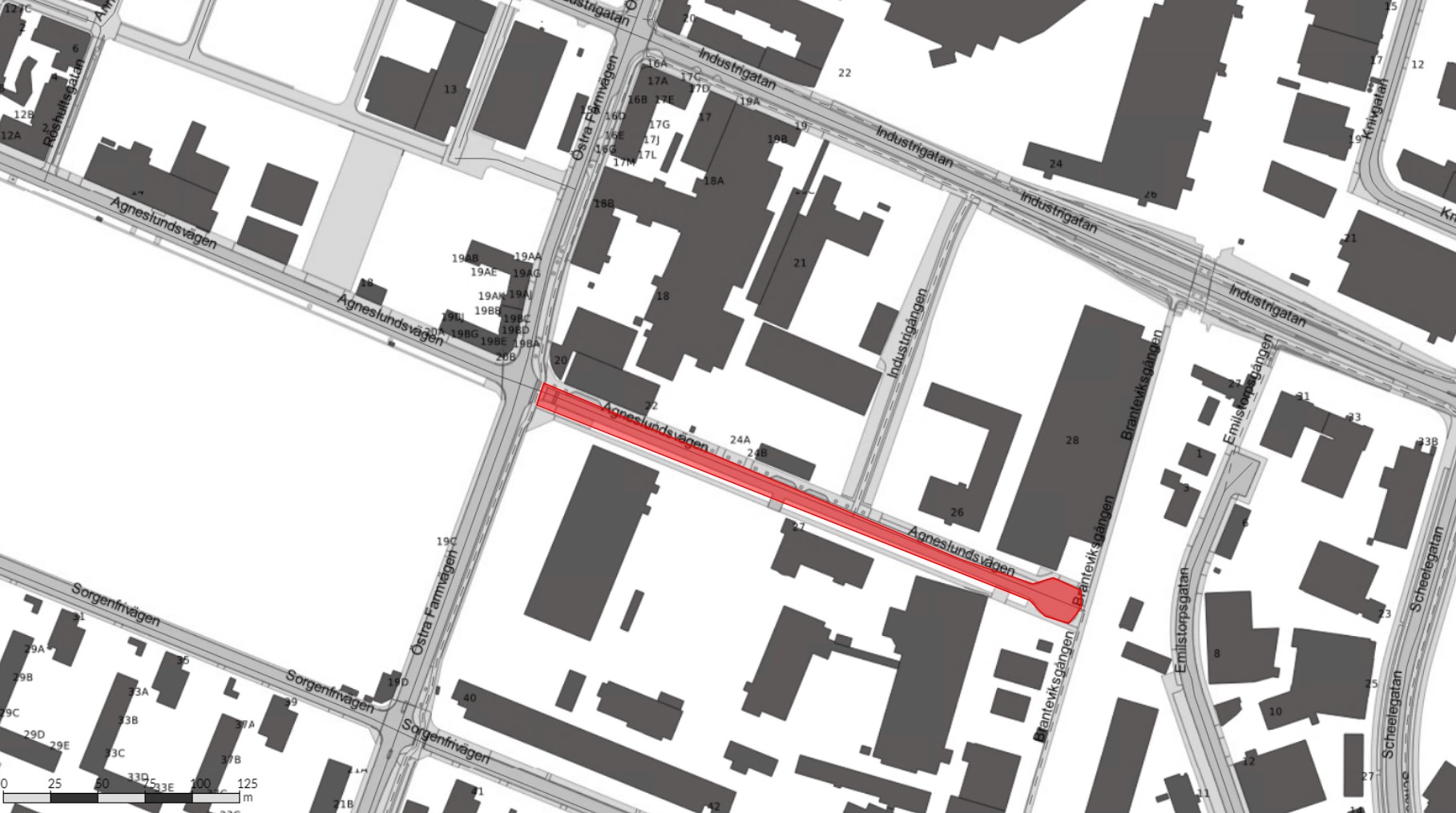 Bilden visar en karta där Annelundsvägen är avstängd mellan Östra Farmvägen och Branteviksgången.