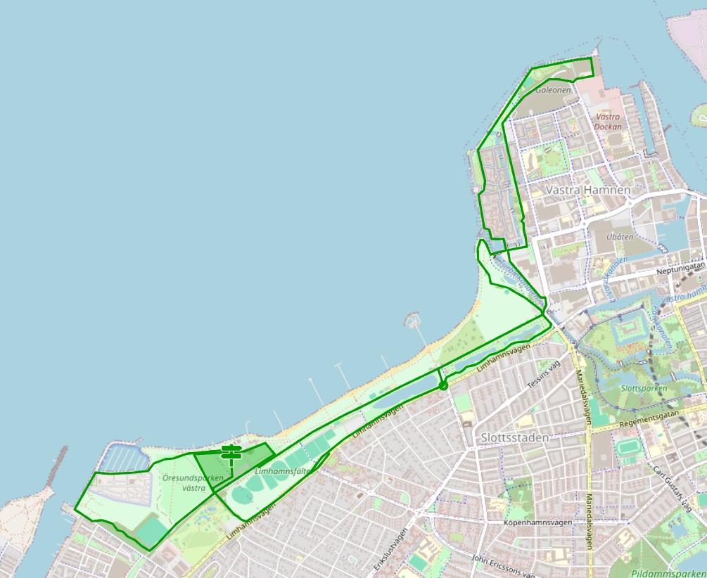 Bilden visar en karta där Ribersborgsstigen och delar av Västra Hamnen är avstängd. Begränsad framkomlighet på Propellergatan, Lilla varvsgatan samt Barometergatan.