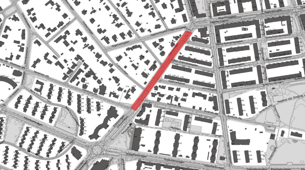 Bilden visar en karta där Erikslustvägen är avstängd mellan Regementsgatan och Marietorps allé.