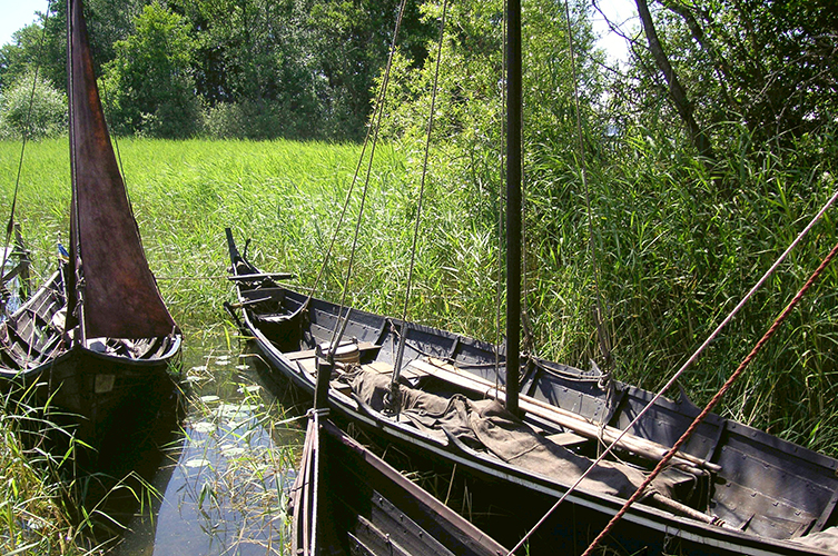 Kopior av vikingatida båtar från Birka, långsmala i mörkt trä.
