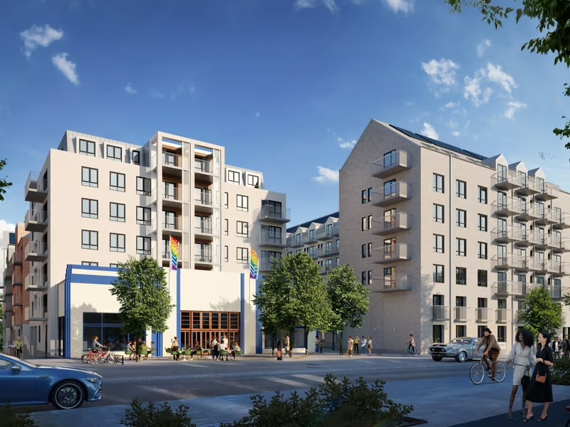 Arkitektritad konceptbild, taget ur fågelperspektiv, över Mälledalsskolan.