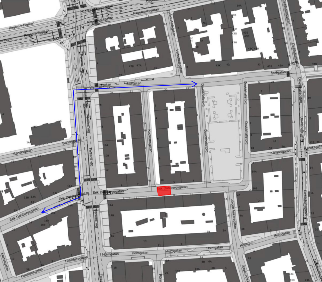 Bilden visar en karta där Erik Dahlbergsgatan är avstängd mellan Davidhallstorg och Kockumsgatan. Omöedning av trafiken sker via Storgatan, Fersens väg och Erik Dahlbergsgatan.