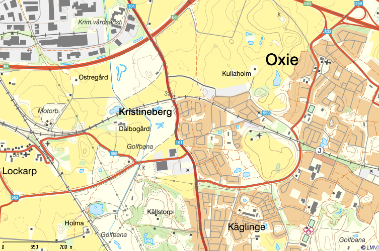 Karta som visar områdena Oxie, Käglinge, Kristineberg och Lockarp.