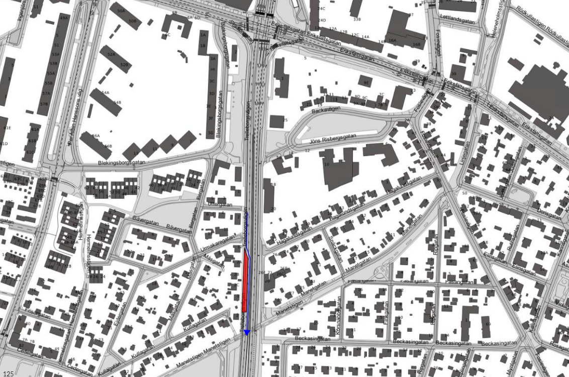 Bilden visar en karta där Trelleborgsvägen är avstängd mellan Manetstigen och Hagalundsgatan.