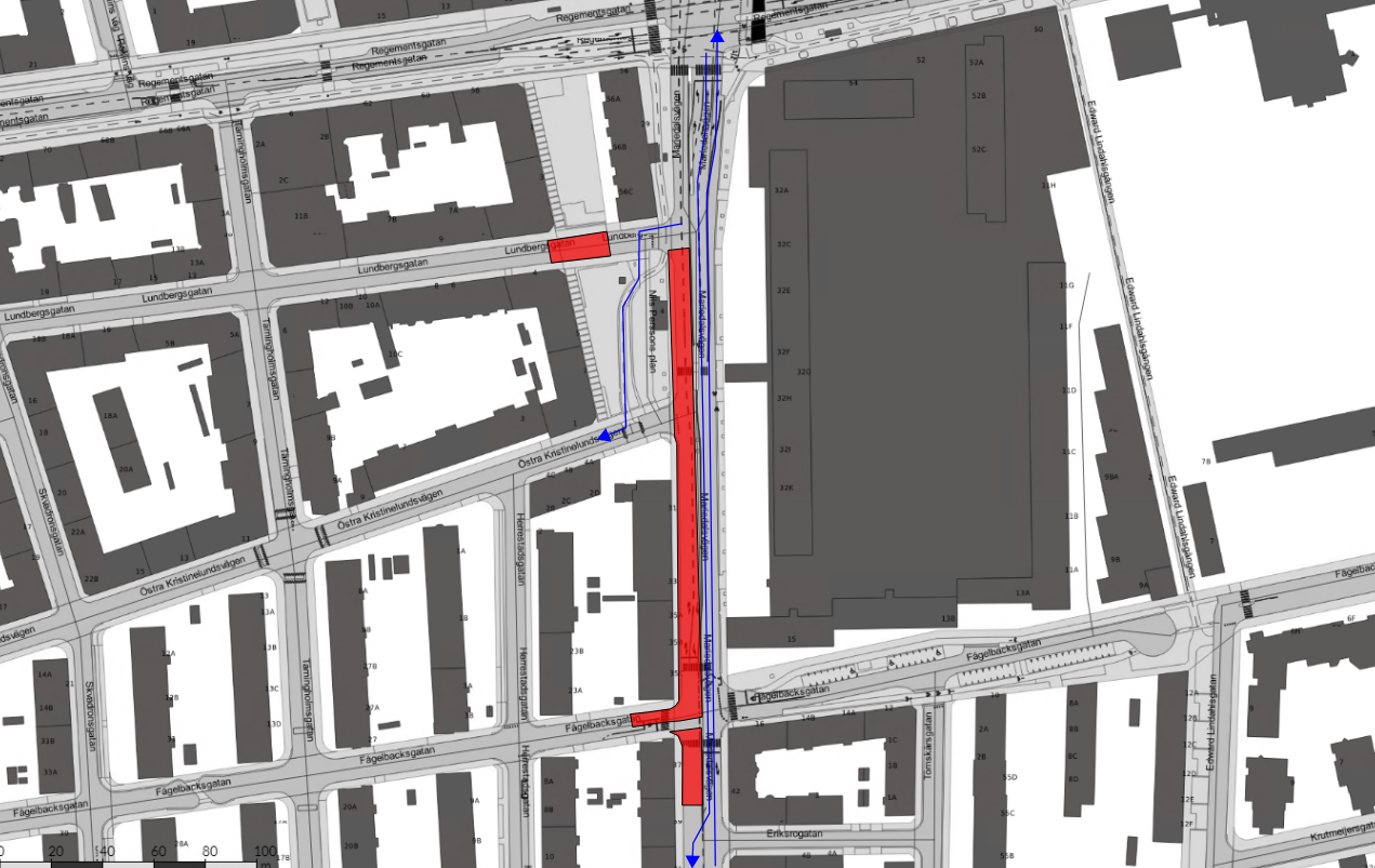 Bilden visar en karta med avstängning och trafikflöde på Regementsgatan och Mariedalsvägen är avstängd i sydlig riktning 10/4–4/5