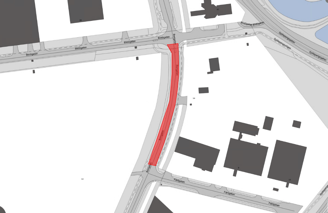 Bilden visar en karta där Borrgatan är avstängd mellan Blidögatan och Fårögatan.