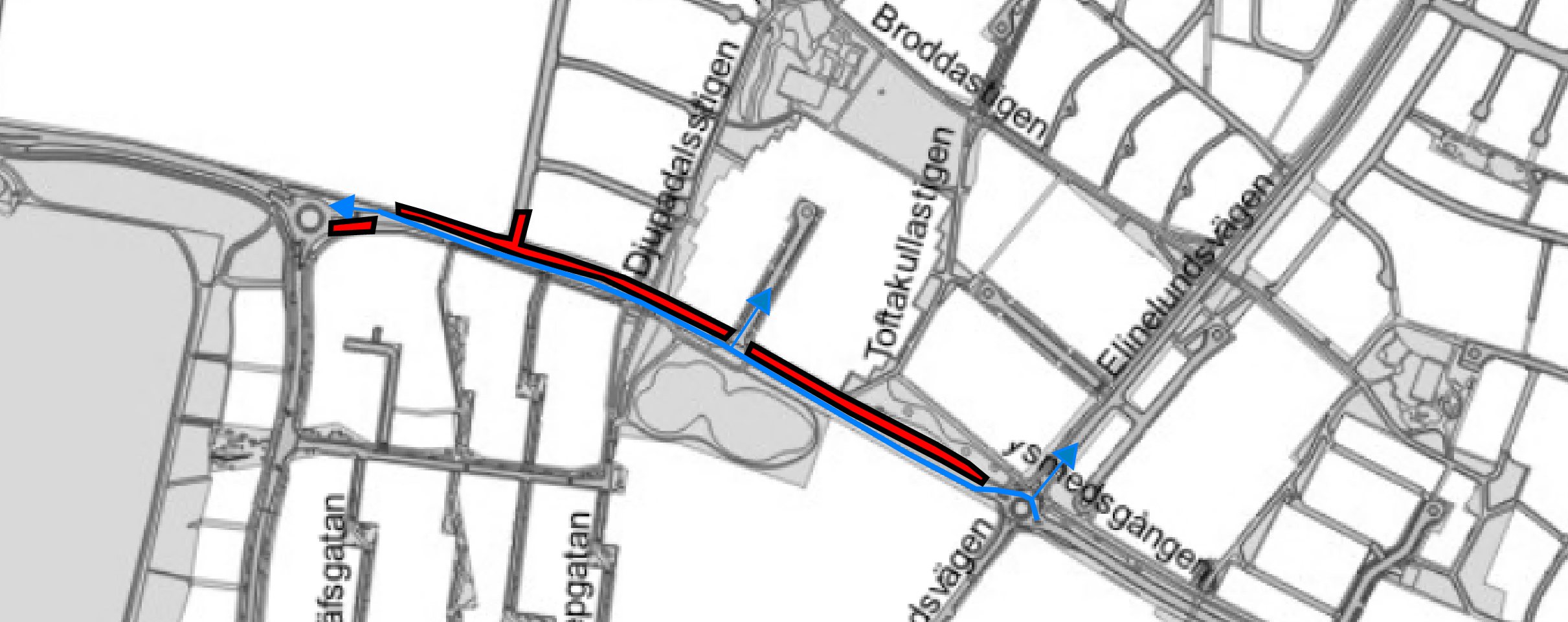Bilden visar en karta där Annetorpsvägen är avstängd för trafik i östlig riktning. Trafikfordon kan endast färdas i västlig riktning.