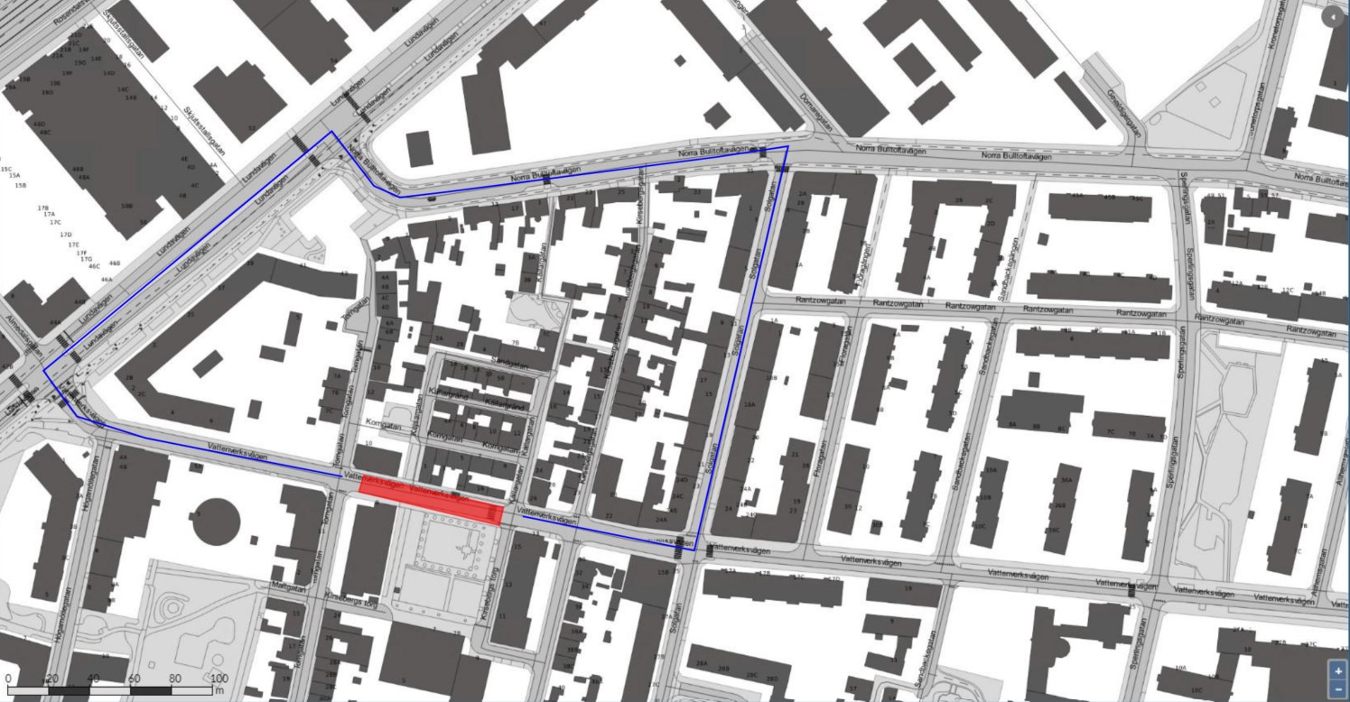 Bilden visar en karta där vattenverksvägen är avstängd mellan Källargatan och Torngatan.