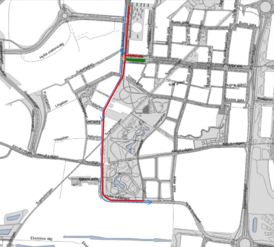 Bilden visar en karta där Hyllie Boulevard är avstängd i södergående riktning mellan Hyllie Stationsväg och Älmhultsgatan. Utökad avstängning på Hyllie Allé mellan 2/3 och 13/3. Buss är omlagd till Arenagatan.