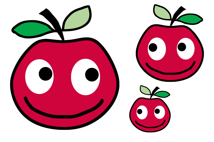 Tre ritade röda äpplen med ögon och munnar.