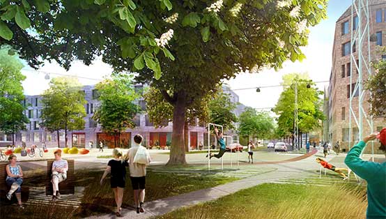 Visionsbild av Industrigatan. Illustration Mandaworks