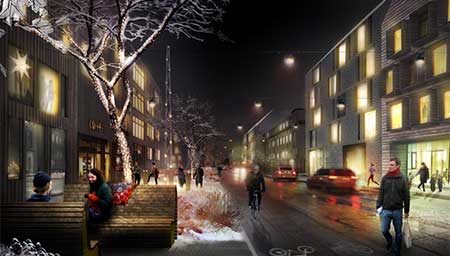 Visionsbild av Industrigatan vintertid. Illustration Mandaworks