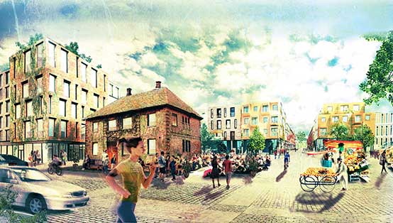 Visionsbild av torget i kv Brännaren, illustration Ludvig von Hofsten