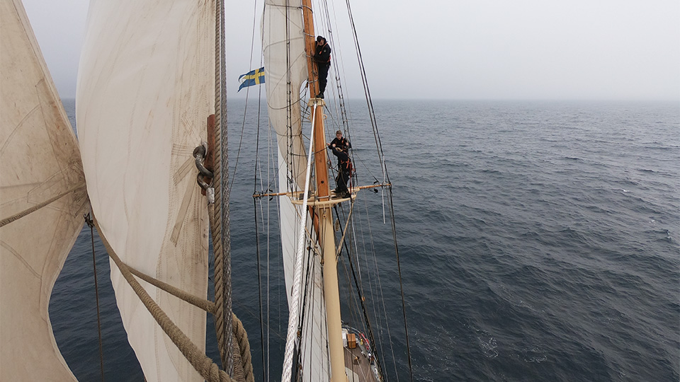 Två elever från Bernadottegymnasiet står högt upp i en mast på en segelbåt ute på havet.
