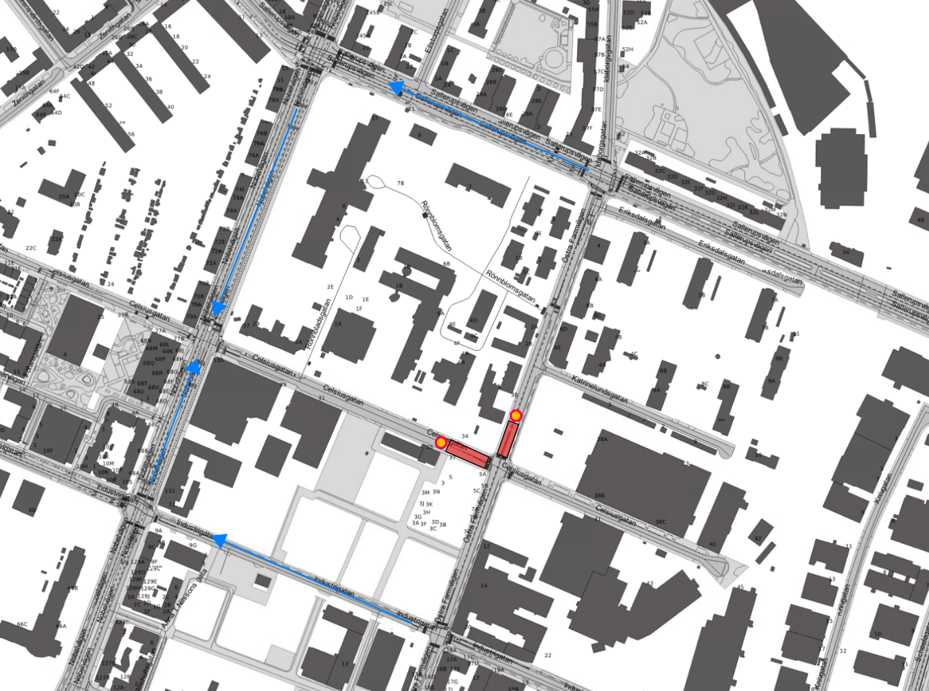 Avstängd i korsningen Celsiusgatan och Östra Farmvägen.