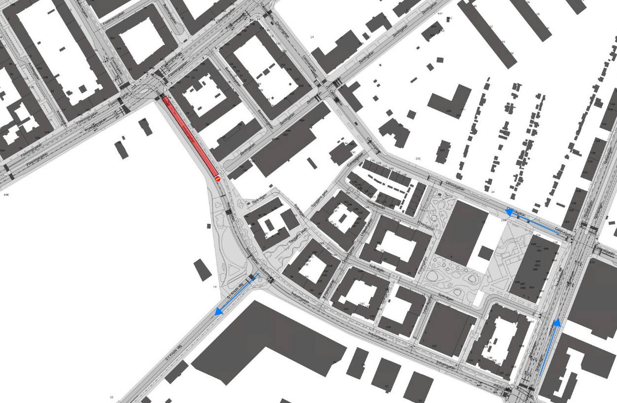 Arbetsområdet på Industrigatan mellan Föreningsgatan och Zenithgatan.