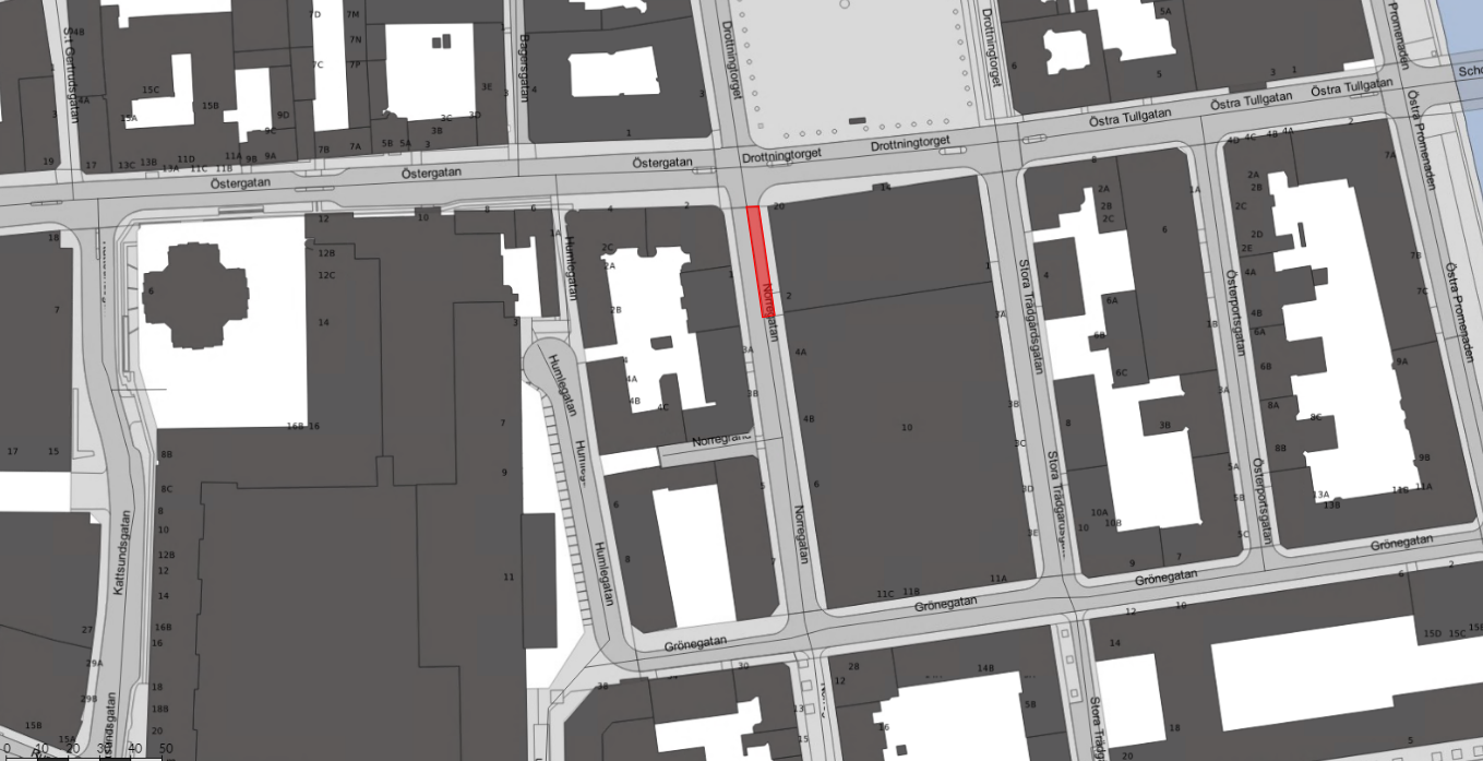 Arbetsområdet på Norregatan i korsningen till Östergatan.