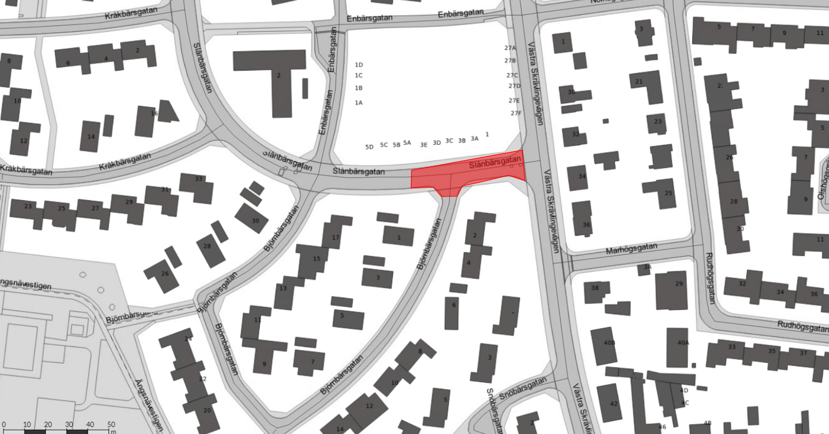 Arbetsområdet på Slånbärsgatan i anslutning till Västra Skrävlingevägen.