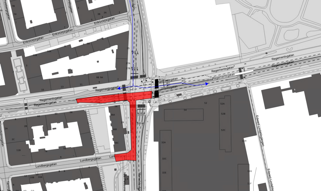 Bilden visar en karta där det är begränsad framkomlighet på Mariedalsvägen.