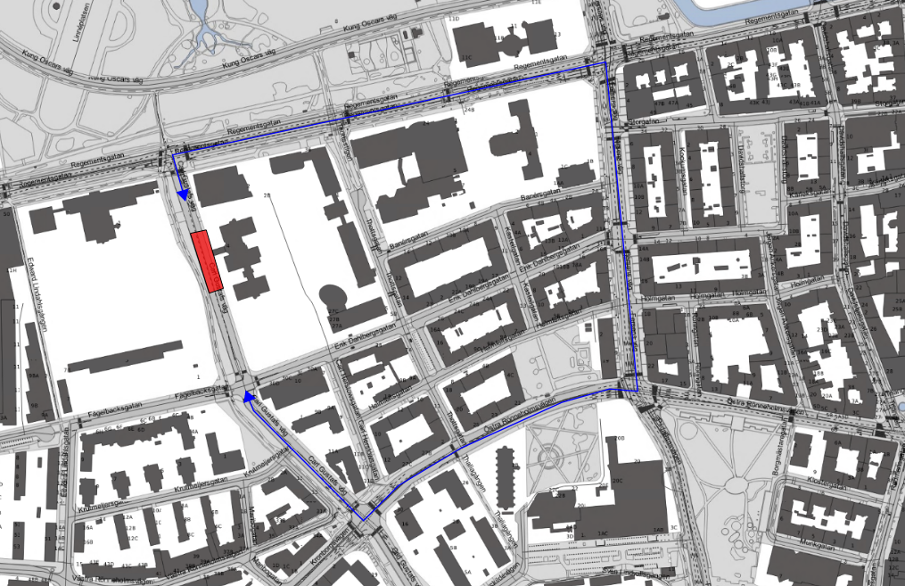 Arbetsområdet på Carl Gustafs väg mellan Regementsgatan och Fågelbacksgatan.