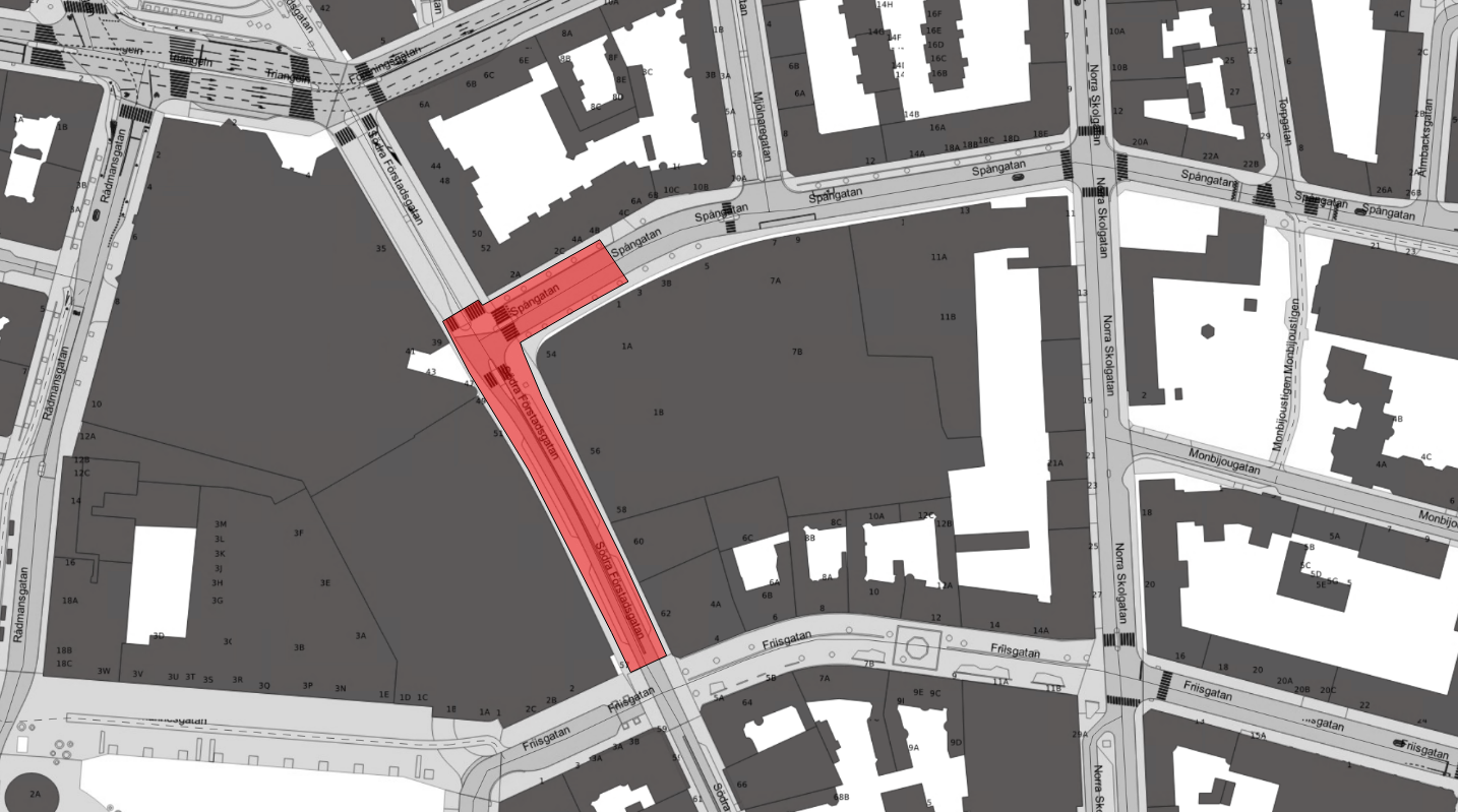 Arbetsområdet på Södra Förstadsgatan i korsningen med Spångatan ner till Friisgatan.