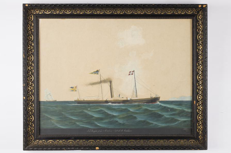 Målning av skepp på hav.