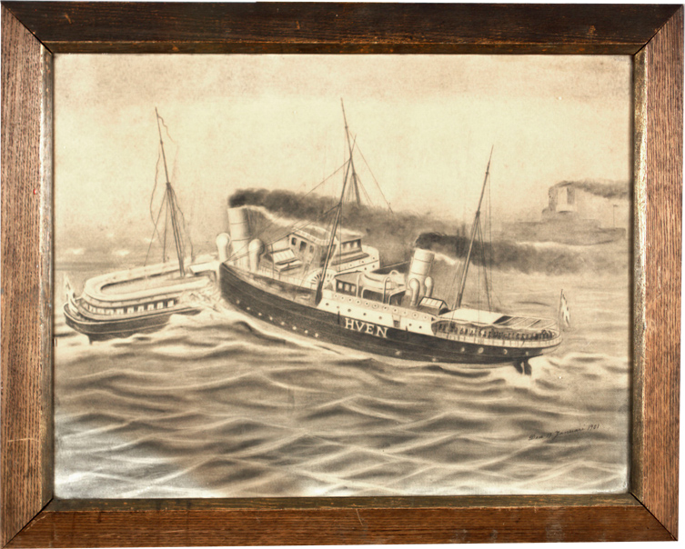Äldre oljemålning med ett skepp.
