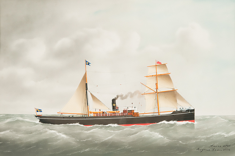 Oljemålning av skeppet som har två segel. 