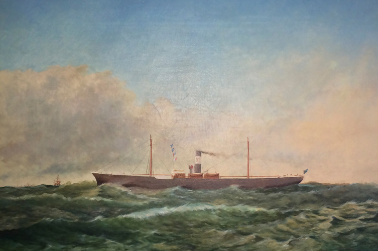 Oljemålning av skeppet ute på öppet hav. 