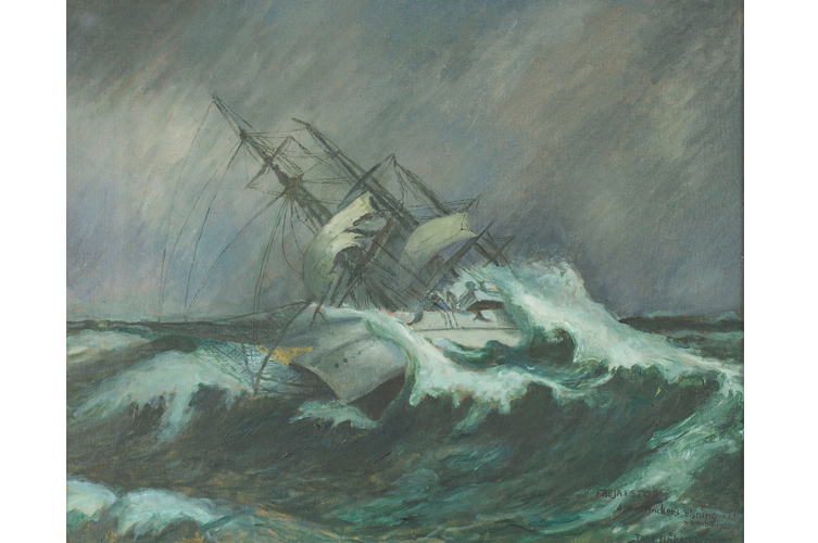 Bildspel med målningar av skepp i stormigt hav.