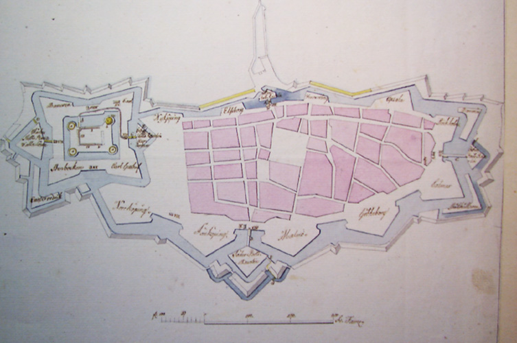 Äldre karta på befästningen i Malmö.