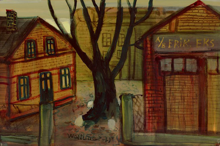 Oljemålning föreställande två äldre hus och ett träd.