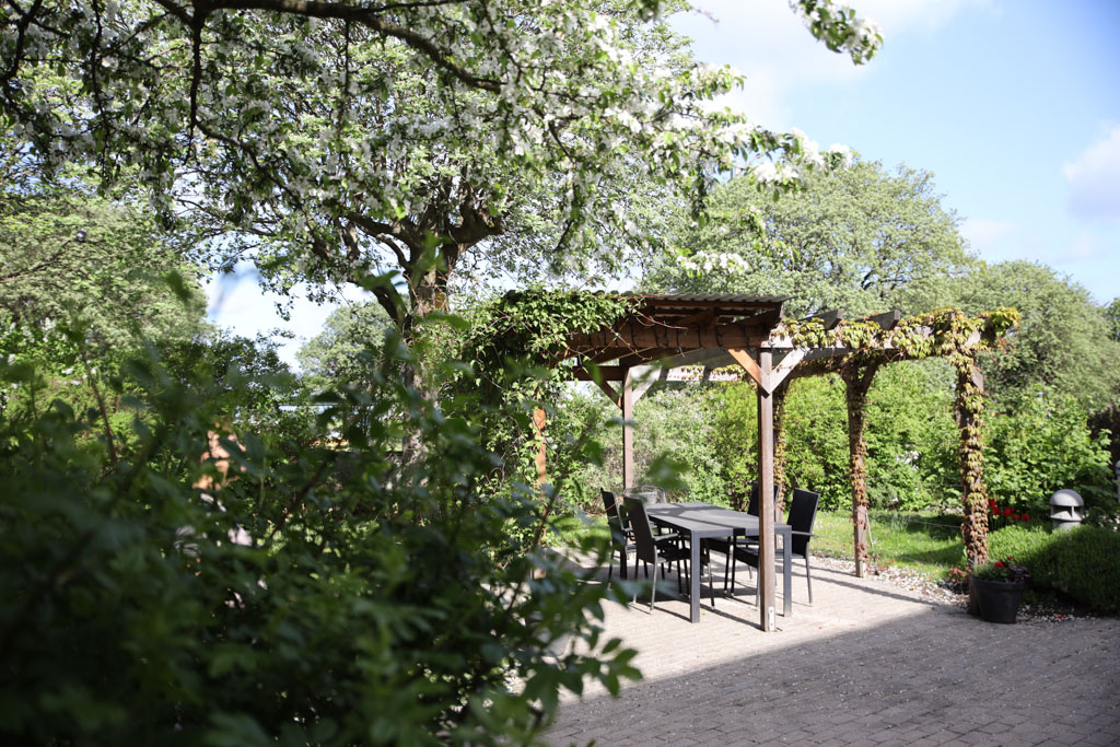 Pergolan i den lummiga och skyddade trädgården ger en stunds avkoppling.