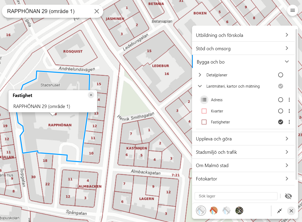 Figur 1: Webbkartan. Visar hur det ser ut i Malmös stadsatlas efter att ha sökt på en fastighets namn.
